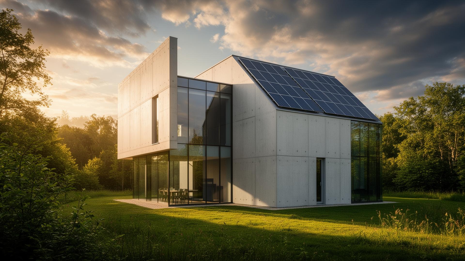 Modern sustainable prefabricated building with solar panels